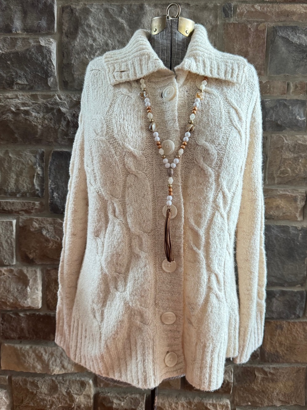 Cream Cable-Knit Button Cardigan Sweater - L